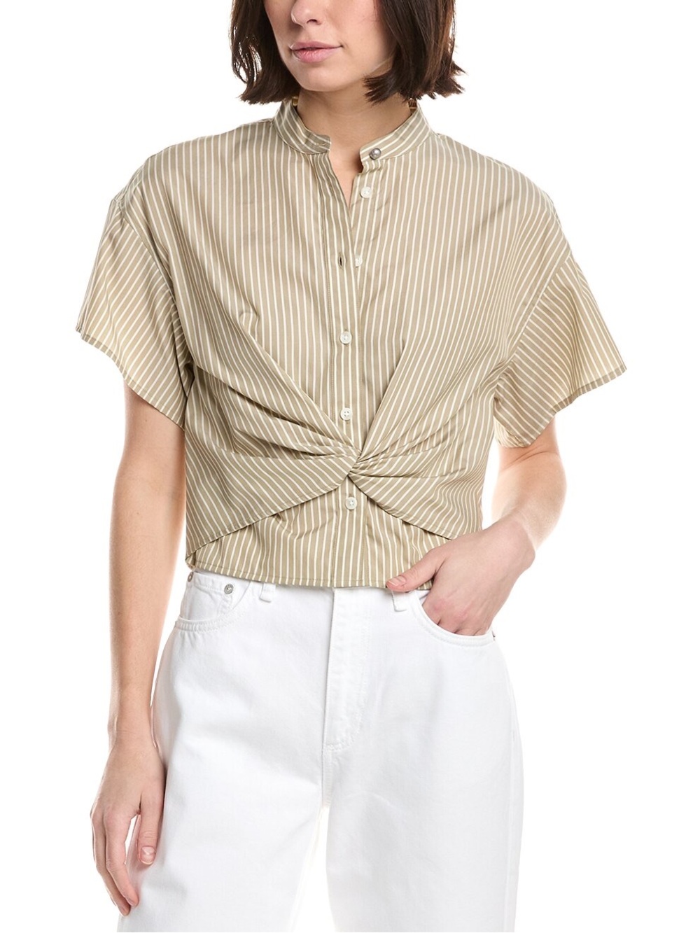 Rag & Bone Gretchen Stripe Poplin Shirt | Twist Front | Size 10 | Beige Stripe